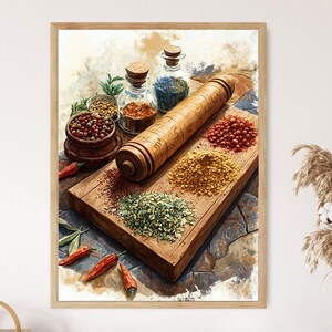 Può includere: Un dipinto ad acquerello incorniciato di un tagliere in legno con varie spezie. La tavola contiene mucchi di spezie rosse, gialle e verdi, insieme a un rotolo di legno e piccole ciotole. Sono presenti anche peperoncini rossi e barattoli di vetro con tappi di sughero.
