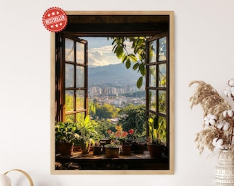 Caracas Venezuela Window View Art Print, El Ávila and Colonial Windows, Urban and Natural South American Decor, Cityscape and Lush Vines