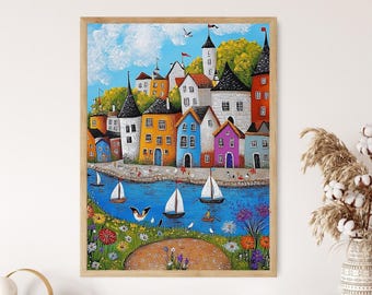 Impresión artística de un pueblo pesquero polaco, arte mural folclórico polaco