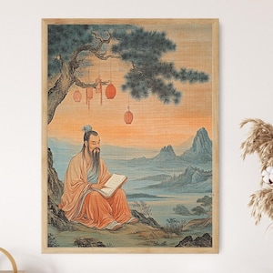 Confucio sotto un pino che legge il rotolo, lanterne e tramonto in montagna, stampa artistica da parete sulla filosofia cinese