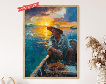 Filipino Fisherman, Traditional Philippines Scene Art Print, Collectible Art for Home, Filipino Heritage Gift