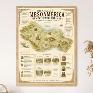 Olmec Heartland Mesoamerica Map Print, Ancient Civilization Poster, Archaeology History Buff Wall Art Gift