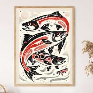 Salmon Run, impresión artística de vida salvaje en estilo Haida