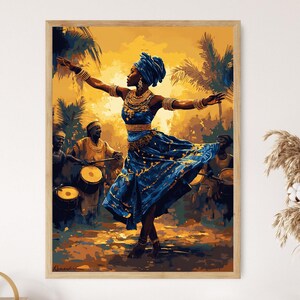 May include: A woman in a blue and gold dress dances with her arms outstretched. She is surrounded by people playing drums. The background is a warm yellow with palm trees.