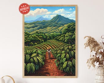 El Salvador Coffee Plantation Landscape Print | Vibrant Folk Art, Ethnic Heritage Artwork, Handmade Salvadoran Art, Central American Culture