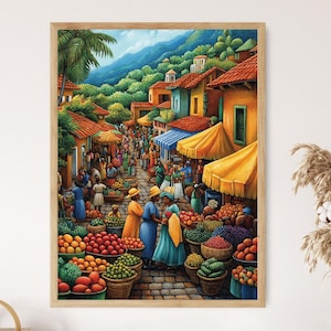 Comoros Marketplace Illustration, Colorful Farm Market Painting, African Fruit Art, Wall Art for Kitchen, African Restaurant Decor
