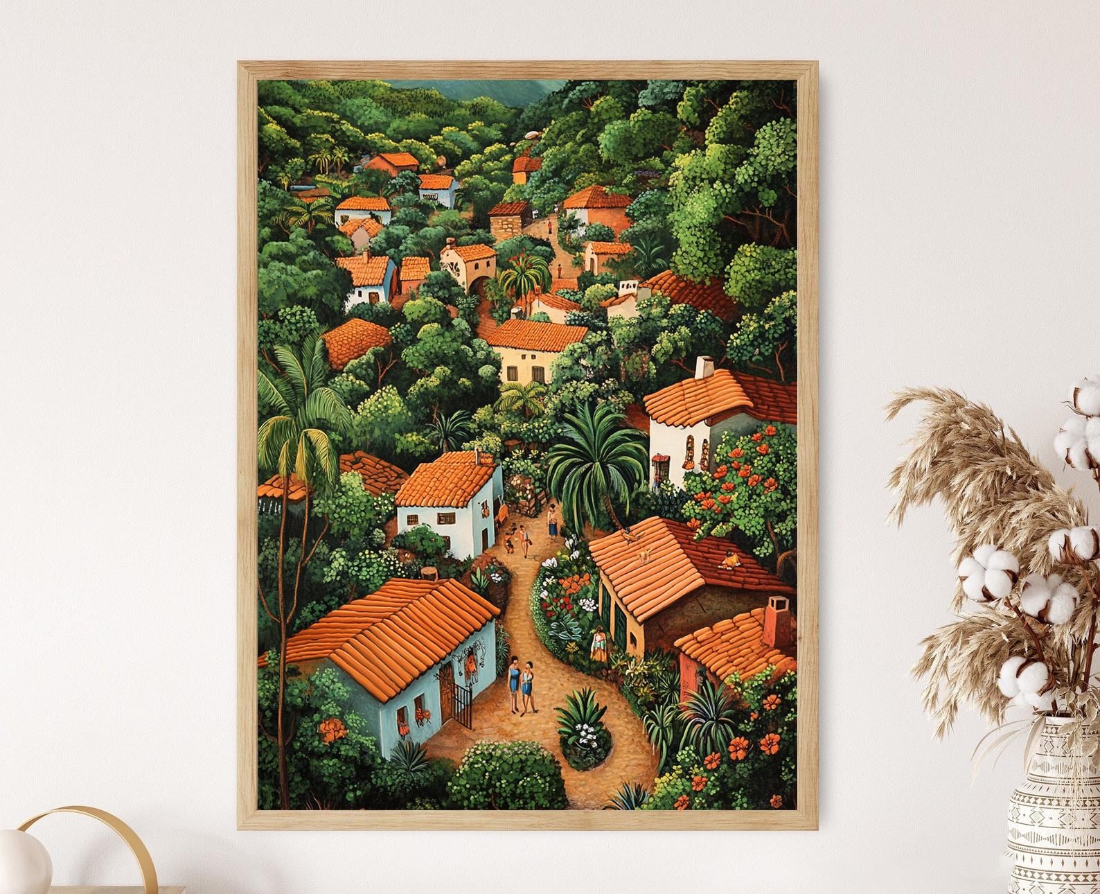 ベトナム刺繍絵　Lifestyle of the Countryside Jalisco Village Countryside Art Print, Terracotta Rooftops and