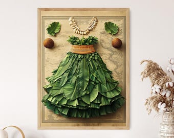 Hawaiian Hula Skirt and Coconut Top Illustration, Traditional Dance Clothing Art