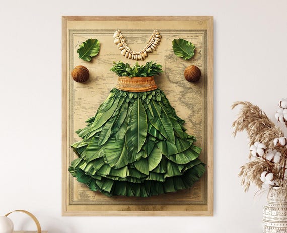 Hawaiian Hula Skirt and Coconut Top Illustration, Traditional Dance Clothing Art