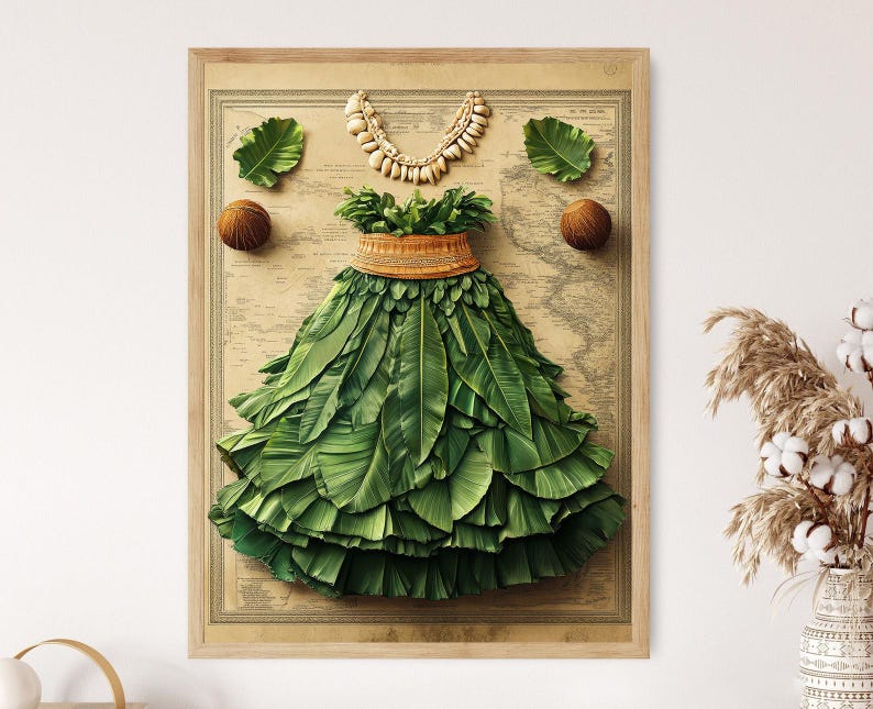 May include: A framed print of a green leaf skirt with a gold belt and a white shell necklace. The skirt is made of many leaves and is arranged in a circle. The background is a vintage map with brown and white colors.