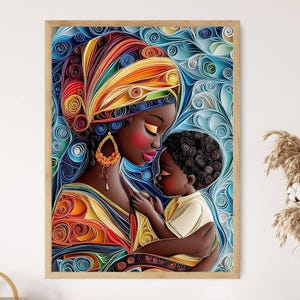 母と子のクイリングアートプリント、アフリカの伝統壁装飾、カラフルな母性の肖像画