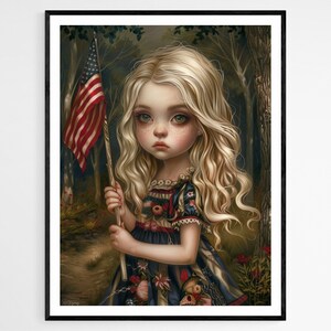 Chica con impresión de arte de bandera americana, decoración patriótica de la pared, decoración inspiradora de la oficina en el hogar, regalo perfecto del Día de la Independencia