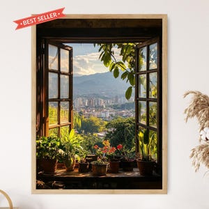 Vista de la ventana de Caracas Venezuela, El Ávila y Colonial Lámina artística