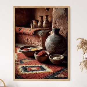 May include: A framed print featuring a still life with a rustic theme. The image showcases a large, textured ceramic vase, small wooden bowls filled with spices, and decorative pottery on a patterned rug. The color palette includes warm reds, browns, and earthy tones.