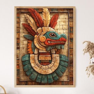 May include: A framed artwork featuring a detailed, colorful depiction of an Aztec deity. The artwork showcases a teal, red, and tan serpent-like figure with feathered headdress. The piece is set against a textured, brick-like background.