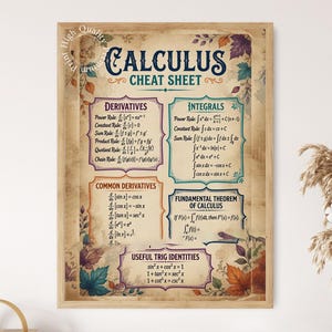 Könnte beinhalten: Ein gerahmtes Lehrplakat mit dem Titel Calculus Cheat Sheet auf einem Hintergrund in Vintage-Pergamentoptik mit Herbstblatt-Illustrationen. Es zeigt mathematische Formeln für Ableitungen, Integrale, gängige Ableitungen, den Hauptsatz und trigonometrische Identitäten.