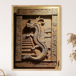 May include: A framed, relief carving of a dragon ascending stairs. The artwork is in shades of brown and tan, with intricate details and a textured appearance. The dragon is the focal point, with its body winding up the steps.