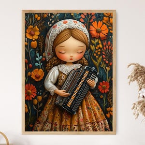 Serbian Girl Doll with Accordion Art Print, Folk Costume Floral Poster