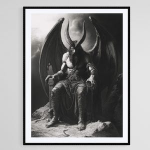 Luzifer Thron Art Print, Dark Gothic Dämon Illustration, Gefallener Engel Wanddekoration, Schwarz und Weiß Fantasy Kunst, Infernal Mythologie Poster