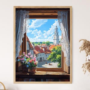Impresión artística de ventana rústica de la ciudad de Tartu, póster de decoración de herencia estonia