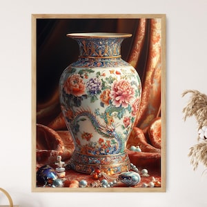 Artefacto de jarrón cloisonné chino, impresión artística, póster con decoración floral y de dragón