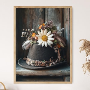 Edelweiss on Bavarian Hat Art, Traditional Alpine Style Print,  German Alpenhut Illustration