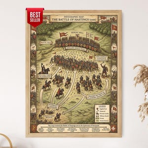 Mapa strategiczna bitwy pod Hastings, plakat historyczny z czasów normańskiego podboju Anglii w 1066 r.