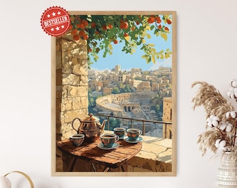 Jordanian Coffee Set in Amman, Balcony View Art, Cultural Heritage Print