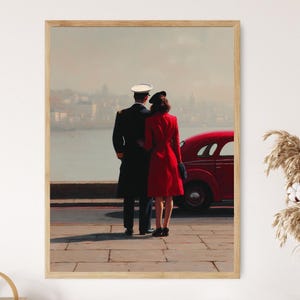 Żeglarz Żegnaj Sztuka Wydruk, Romantyczna Para Nad Morzem Plakat, Scena Miłosna Wojskowa W Stylu Vintage, Dekoracja Ścienna W Stylu Lat 40. XX Wieku