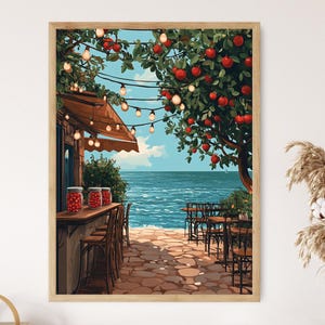 Poster del Batumi Seafront Cafe, stampa artistica del mercato costiero georgiano, scena vettoriale piatta del Mar Nero