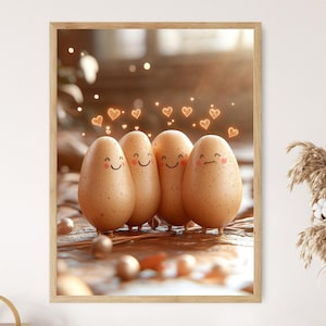 May include: Four cartoon potatoes with happy faces are arranged in a row. They are surrounded by small, glowing hearts. The potatoes are on a wooden surface.