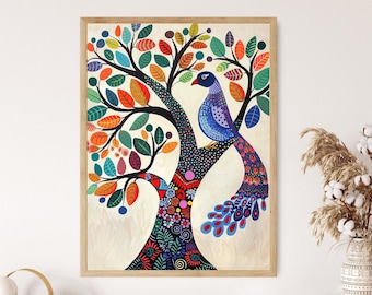 May include: A colorful abstract painting of a tree with a blue bird perched on a branch. The tree has a thick trunk and many branches with green and red leaves. The bird has a long tail with blue and purple feathers.