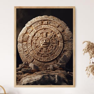 May include: A framed print featuring a detailed depiction of an ancient Aztec calendar stone. The stone is intricately carved with circular patterns and a central face, rendered in shades of beige and brown. The artwork is set against a dark background.