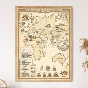 以下が含まれることがあります： Historical Spice Trades: The Global Quest for Spiceというタイトルの額入り歴史地図。ベージュの世界地図に、スパイスの原産地、交易路、帆船のイラストが描かれており、ルートコードや商品の凡例も含まれています。