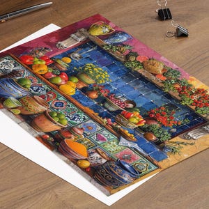 May include: A colorful still life painting of a kitchen shelf with various fruits, vegetables, and pottery. The shelf is decorated with blue and white tiles. The painting is done in a realistic style.