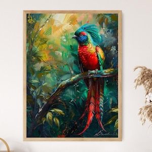 Art mural quetzal resplendissant - décoration aviaire faite main, couleurs vives, imprimé oiseau inspiré de la nature