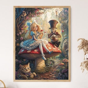 Alice in Wonderland Mushroom Scene Art Print, Whimsical Fantasy Illustration