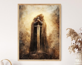 King Arthur with Sword Excalibur Art Print, Sword in the Stone