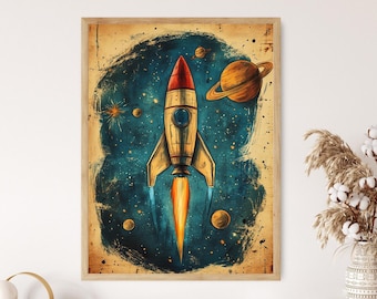 Impresión artística de un cohete vintage: ilustración espacial retro de ciencia ficción