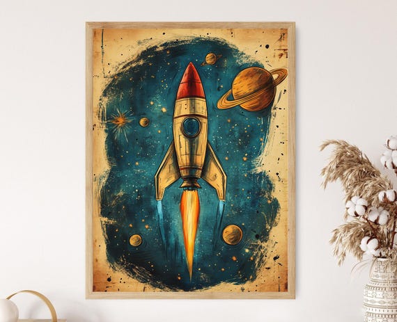 スペースロケット　アクリル画　原画 ヴィンテージロケットアートプリント：レトロSF宇宙イラスト - Etsy 日本