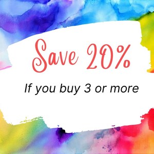 May include: A colorful watercolor background with a white rectangular shape containing the text "Save 20% If you buy 3 or more" in red and black. The background features a blend of blues, purples, pinks, and yellows.