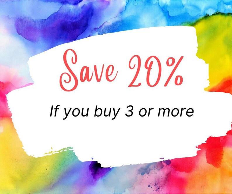 May include: A colorful watercolor background with a white rectangular shape containing the text "Save 20% If you buy 3 or more" in red and black. The background features a blend of blues, purples, pinks, and yellows.