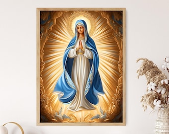 Our Lady of Grace Icon Poster: Gold Halo and Indigo Light, Catholic Art Print