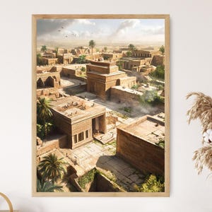 May include: An aerial view of an ancient city with buildings made of stone and surrounded by palm trees. The city is built on a hill and has a large central plaza.