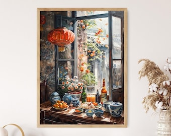Traditional Chinese Kitchen Print, Vibrant and Detailed Cultural Art