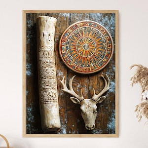 May include: A framed artwork featuring a carved wooden pillar, a circular sun design, and a deer skull. The artwork is set against a rustic wooden background, with a neutral color palette of browns, tans, and creams. The deer skull has antlers and a cross symbol.