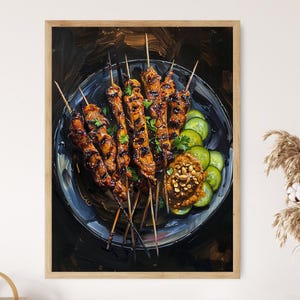 Thai Satay Art Painting, Grilled Skewers Wall Decor, Vibrant Food Illustration, Asian Cuisine Kitchen Artwork, Unique Home Decor Gift