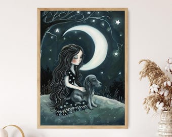Girl and Dog Art Print: Whimsical Friendship Illustration, Heartwarming Decor