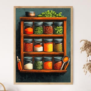 Indisches Gewürz-Rack-Poster, bunte Glas-Regalmalerei, flacher Vektor-Kunstdruck