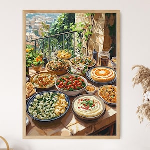Beirut Meze Tisch Illustration, Mediterranes Essen Kunstdruck, Kulinarisches Dekor, Lebendige Küchen Kunst